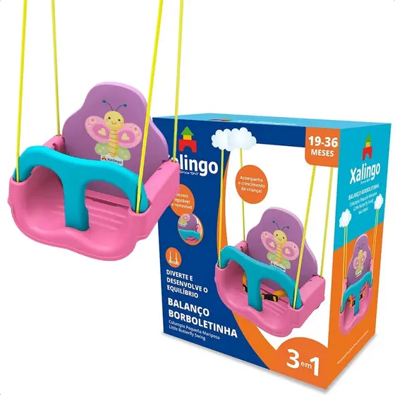 Balanço Infantil Borboletinha Rosa e Azul Com Encosto Regulável até 23Kg Cinto de segurança Xalingo