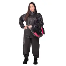 Conjunto Capa de Chuva Pvc Combate c/ Capuz Feminina Preto Refletiva Resistente Zíper Pioneira