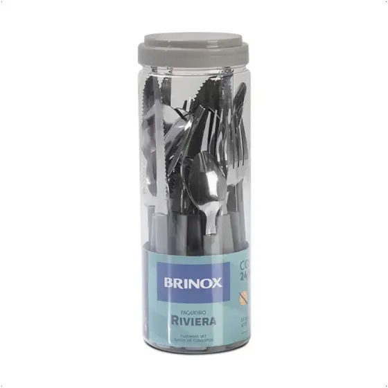 Faqueiro 24 Peças em Aço Inox Riviera Cinza Pote de Plástico Brinox Faca Garfo Colher Louças Talher