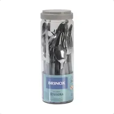 Faqueiro 24 Peças em Aço Inox Riviera Cinza Pote de Plástico Brinox Faca Garfo Colher Louças Talher