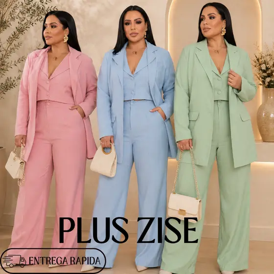 Conjunto Feminino Plus Size Alfaiataria Blazer com Cropped Integrado e Calça Elegante