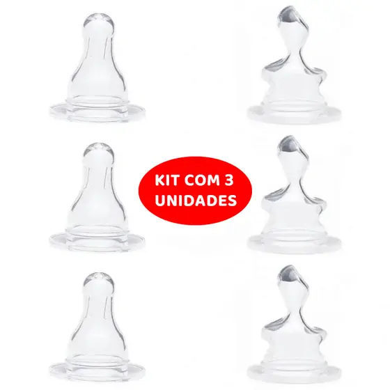Kit com 3 Bicos de Mamadeira Redondo ou Ortodôntico 100% Silicone