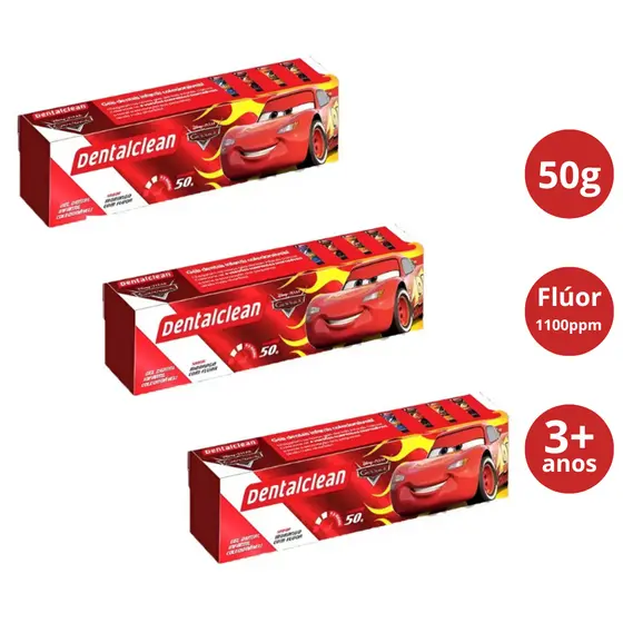3x Gel Dental Dentalclean Carros Morango com Flúor 50g