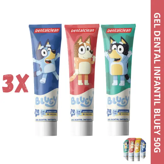 3x Gel Dental Infantil Bluey 50g com Flúor 1100ppm Sabor Bubble Gum Dentalclean