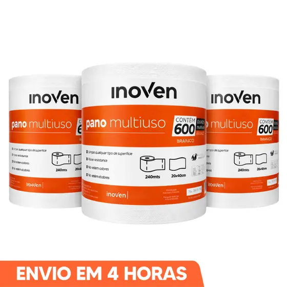 Kit Até 3 Rolos 20cm x 240m Pano Multiuso 1800 Panos Perfex Limpeza Branco Inoven