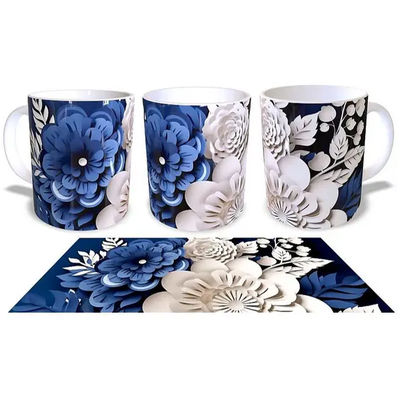 Caneca 325ml Porcelana Série Floral Linda Com efeito 3D / Flores / Xícara Florida / Flower Outono