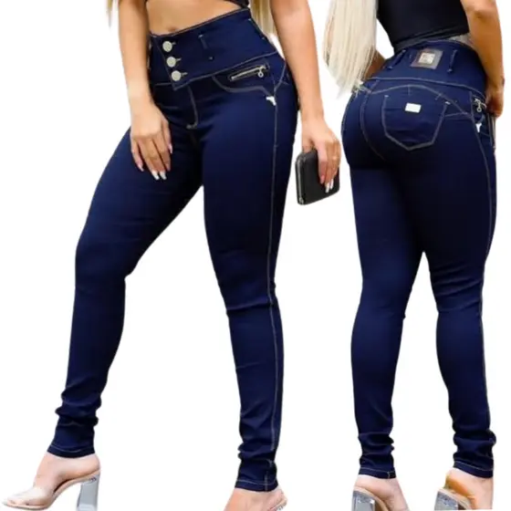 Calça Jeans Feminina Skinny Cintura Alta Modeladora Botões Frontal Ajuste Perfeito 38 ao 48 Moderna com Lycra