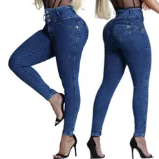 Calça Jeans Feminina Cintura Alta com 3 Botões Modeladora Levanta Bumbum 36 ao 48