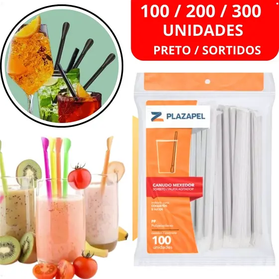 100/200/300 Canudo Mexedor Sache Colher Pazinha Descartável Plástico Colorido Preto Drinks Caipirinhas