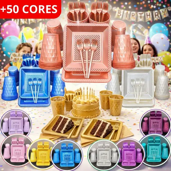 Kit 260 Itens Luxo Descartaveis Festa Aniversário Prato Quadrado Diamante Plástico Colorido Perolado Candy Pastel
