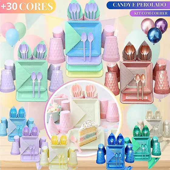 Kit 180 Itens Aniversário Completo Colher Descartaveis Para Festa Quadrado Candy Perolado Prato Copo Colheres Guardanapo