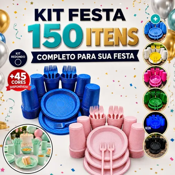 Kit Aniversário Festa Descartável 150 Unidades Pratos Garfos Copos Pratinho Redondo Perolado Perolizado Brilhoso Candy