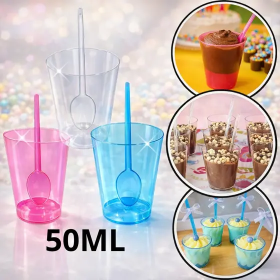Kit 100 Copo Copinho 50ml Cristal Tacinha Licor Doce Docinho Brigadeiro + 100 Colheres Cristal Copinho Descartavel
