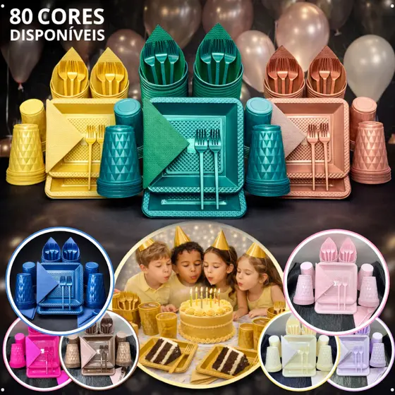 Kit 130 e 180 Itens Aniversário Descartável Diamante Quadrado Festa Pratos Copos Garfinhos Guardanapos Descartaveis