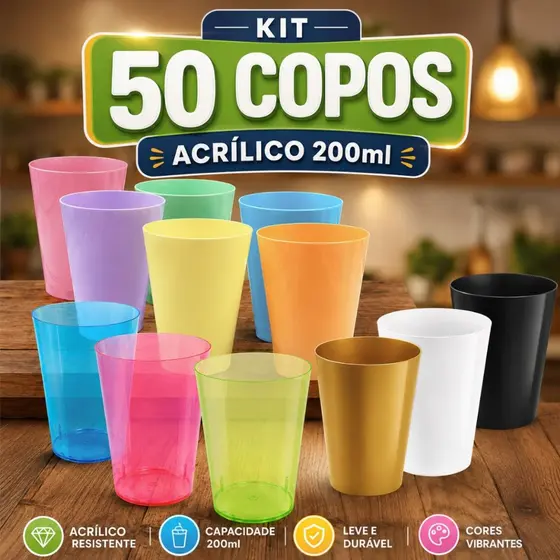 Kit 50 Copos Acrilico 200ml Descartavel Plástico Lavavel Neon Colorido Festa Aniversario Eventos Dourado Refrigerante