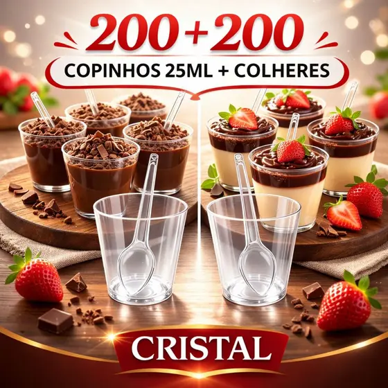 Kit 200 Copinho Brigadeiro 25ml Acrílico + 200 Colheres Cristal Descartaveis Para Festa Potinho Tacinha Licor