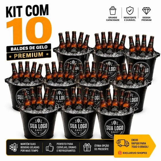 Kit C/10 Balde de Gelo Personalizado 8L Sua Logo Aqui Balde Ideal para Cervej@ Churrasco Festas