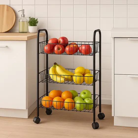 Fruteira Aramada 3 Andares com Rodas – Organizador de Cozinha Preto Metal Durável