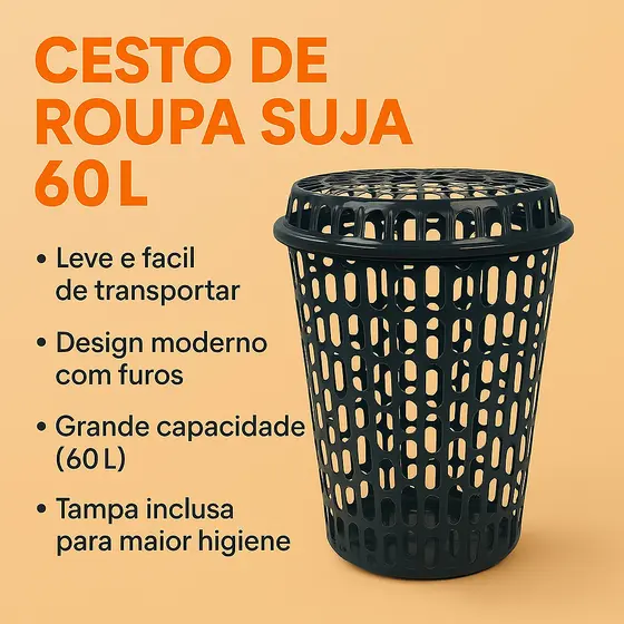 Cesto de Roupa Suja 60L com Tampa – Cesto Vazado de Plástico Reforçado