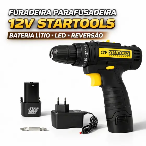 Parafusadeira Furadeira 12V Startools Bivolt Bateria Lítio Mandril Rápido LED Profissional