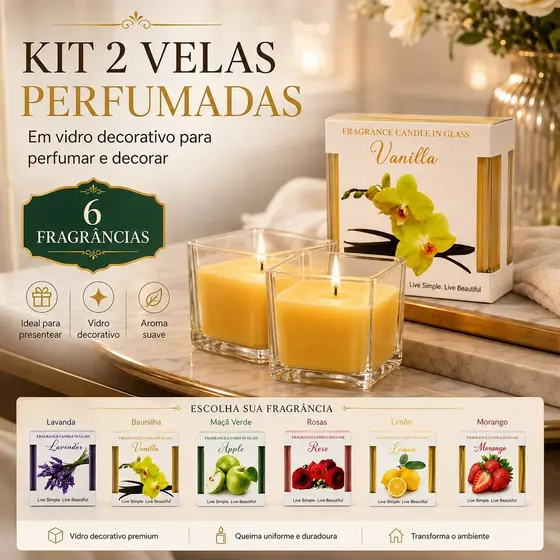 Kit 2 Velas Aromáticas Perfumadas em Vidro Decorativo para Sala Quarto Banheiro e Presente