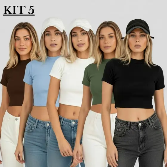 Kit 5 Cropped Feminino Algodão Ribana Canelado Gola Redonda Blusa Manga Curta