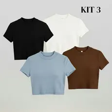 Kit 3 Cropped Manga Curta Canelado Gola Redonda Ribana Algodão Blusinha Curta Camiseta Básica