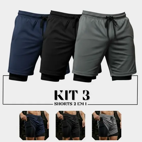 Kit 3 Shorts Masculina Bermuda 2 Em 1 Para Corrida Com Compressão Forro