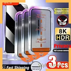 Pelicula privacidade com montagem fácil instalação de vidro para iPhone 13, 11, 12, 14, 15 16 17 Pro Max, XR,Plus, 3pcs