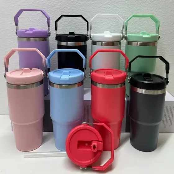 Copo Térmico Inox 600ml 900ml Com Tampa Alça e Canudo Térmica Inoxidável