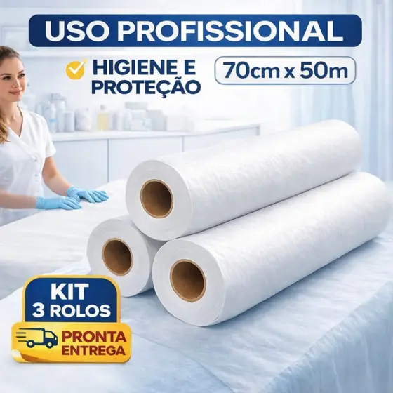 Kit 3 Rolos Lençol Descartável Papel Hospitalar Maca 70x50 Spa Fisioterapia Clínica Profissional
