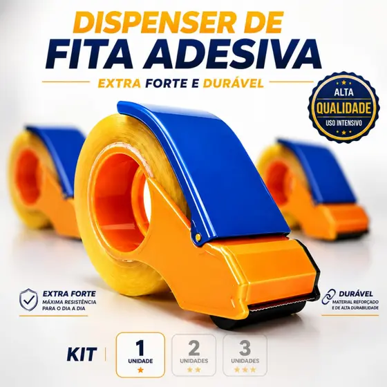Kit Aplicador Fita Adesiva Larga 500m Profissional Suporte Reforçado Durex Embalagem 1, 2, 3 Unid