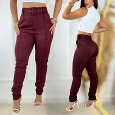 Calça Alfaiataria Com Cinto Feminina Social Elegante Com Zíper Casual Com Bolsos Cintura Alta