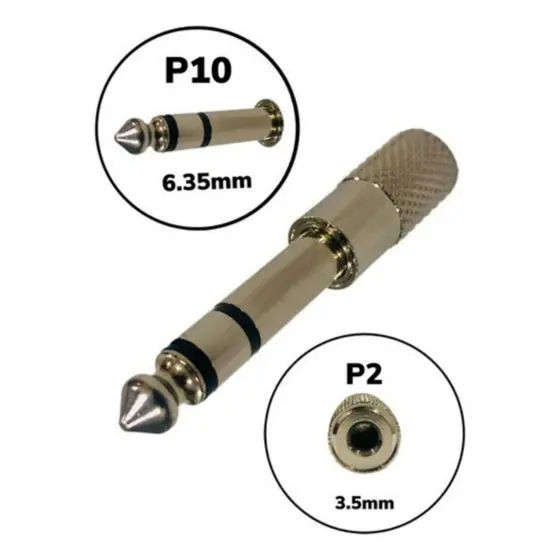 Plug Adaptador P2 Femea X P10 Macho Stereo Metal Blindado Microfone e Caixa de Som