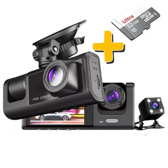 Kit Câmera Veicular Tripla Segurança Carro Taxi Uber 99 Full Hd Gravador Automotivo + Cartão de Memória 32GB Classe 10
