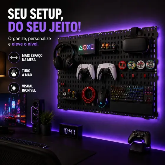 Painel Pegboard Organizador Setup Gamer 59x35 + Brindes
