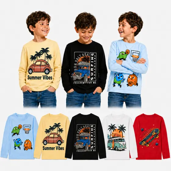 Kit Com 02/03/05 Camisetas Infantil Sortidos Desenho Manga Longa Menino Inverno 2 à 8 Anos