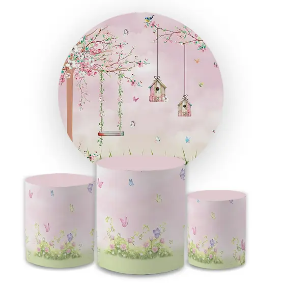 Kit Capa Painel Redondo + Trio Cilindro Decoração Jardim Verde Borboletas Festa Comemoração Veste Fácil