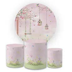 Kit Capa Painel Redondo + Trio Cilindro Decoração Jardim Verde Borboletas Festa Comemoração Veste Fácil