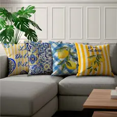 Kit 4 Capas de Almofada 45x45 Sublimadas Limão Siciliano Azul e Amarelo Estilo Mediterrâneo Oferta