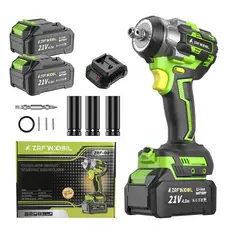 Chave de Impacto sem escova 21V 400Nm Sem Fio 2 Baterias 4000mAh 12 Acessórios