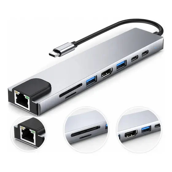 Adaptador Hub USB-C 8 em 1 HDMI RJ45 USB 3.0 Leitor SD Tipo C Notebook Macbook PC Cinza Alumínio Pro