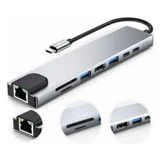 Adaptador Hub USB-C 8 em 1 HDMI RJ45 USB 3.0 Leitor SD Tipo C Notebook Macbook PC Cinza Alumínio Pro