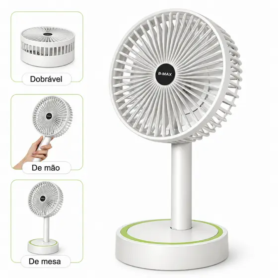 Ventilador Portátil B-Max Recarregável USB Dobrável 2 em 1 Mesa e Mão 3 Velocidades Mini Fan