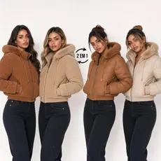 Jaqueta Puffer Feminina Cotêle 2em1 Dupla-face Blusa de Frio Casaco Grossa Pelinho Com Bolso Chique Elegante