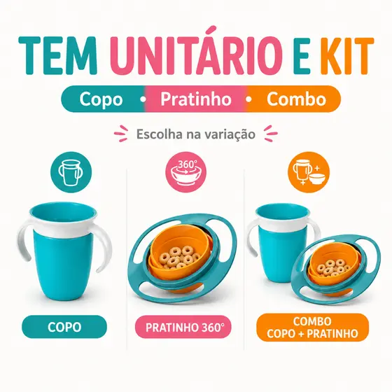 Copo De Transição Treinamento e Pratinho 360° Bebê Infantil Antivazamento Com Alça Sem Bico