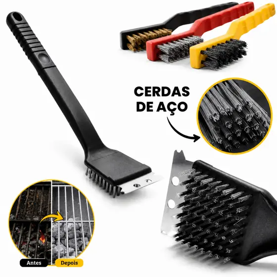 Escova Para Grelha Churrasqueira Cerdas de Aço Inox Com Raspador Limpa Grelhas e Chapas 2 em 1