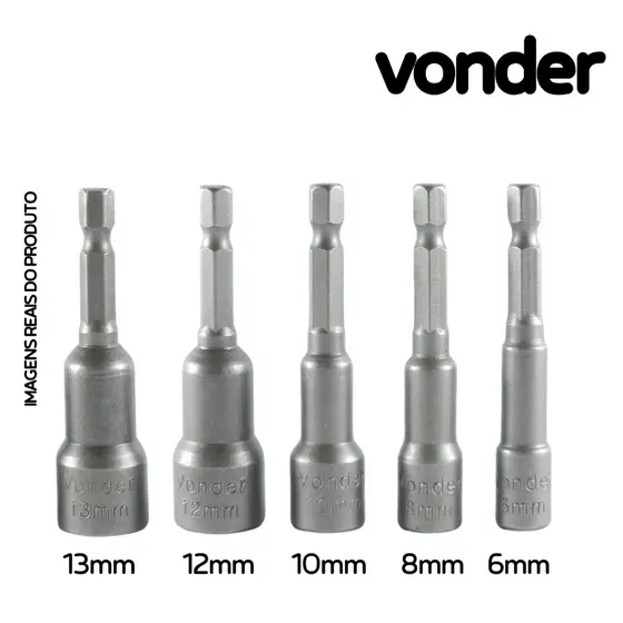 Kit Bits Soquete Canhão Magnético 5 - 1/4" peças Jogo Vonder Parafusadeira 6 a 13mm