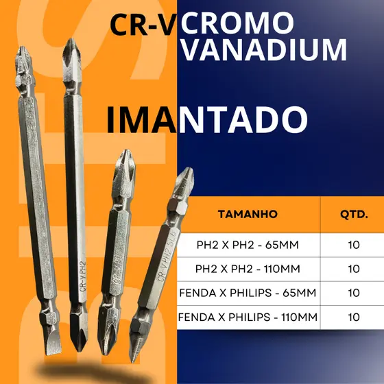 Jogo Bits 10 peças - 110mm, 65mm - Cromo Vanádio Fenda, Philips, PH2 - Parafusadeira - Imantada, imã