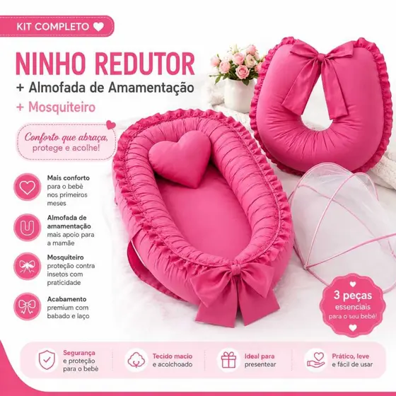 Ninho Redutor De Berço + Almofada De Amamentação + Mosquiteiro de Ninho Menino Menina